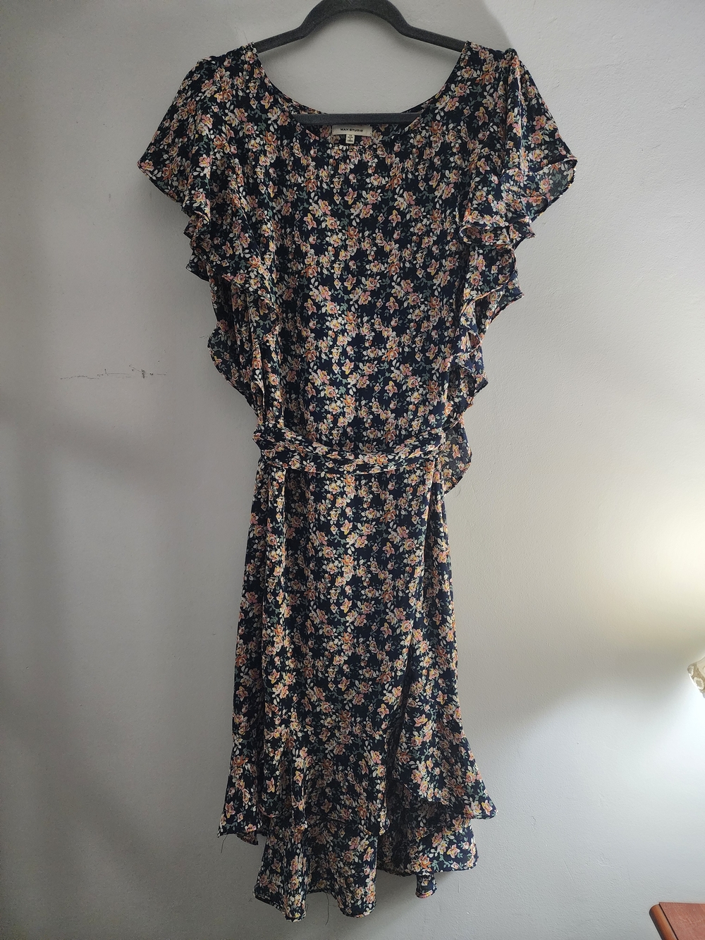 Max Studio Navy Floral Ruffle Midi Dress